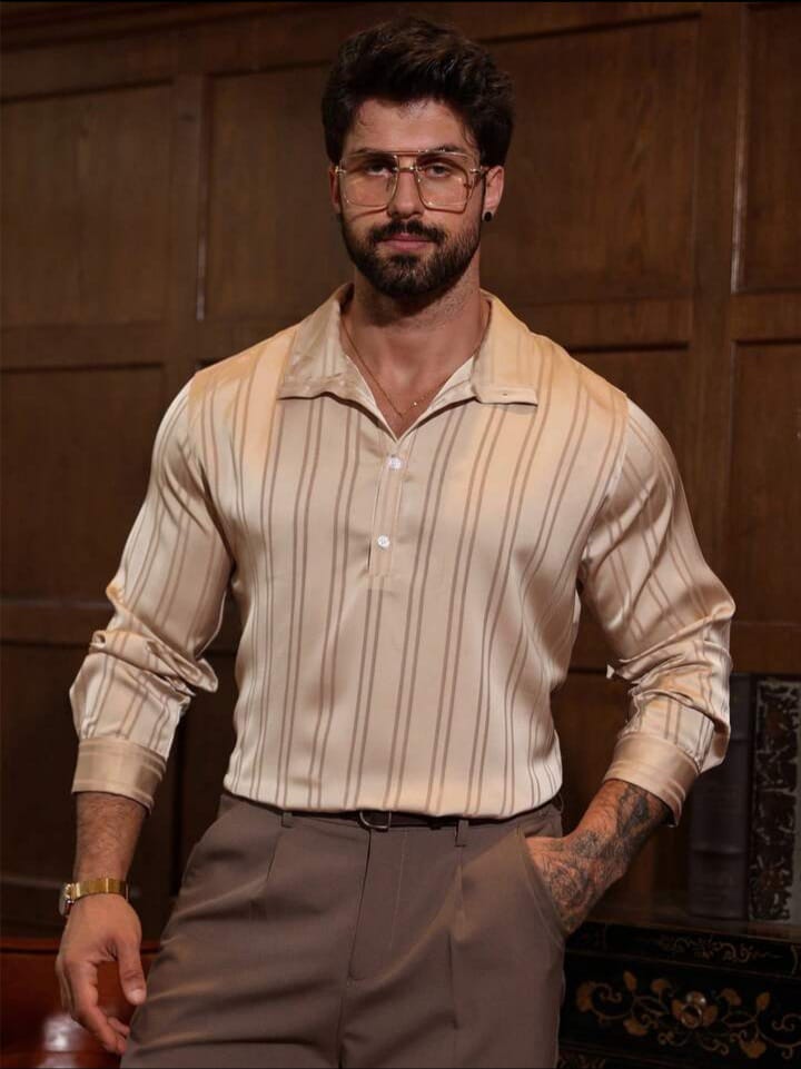 Men's Striped Beige Satin Shirt